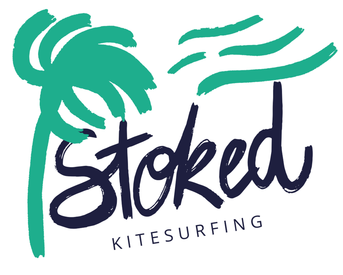 Stoked kitesurfing logo with wind and palm tree
