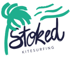 Stoked kitesurfing logo with palm tree and wind